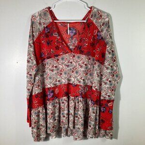 Womens Free People Isabella Oversized V‎ Neck Boho Tunic Top Floral XS